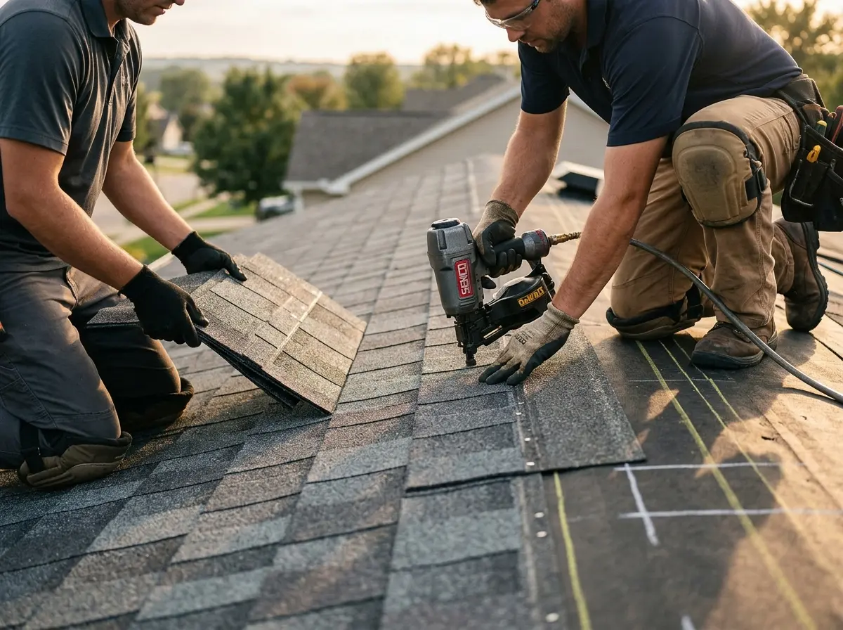 Professional roofer working on a residential roof in The Acreage